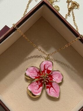 Golden Pink Latte Enamel Statement Flower Petal Pendant Necklace.m